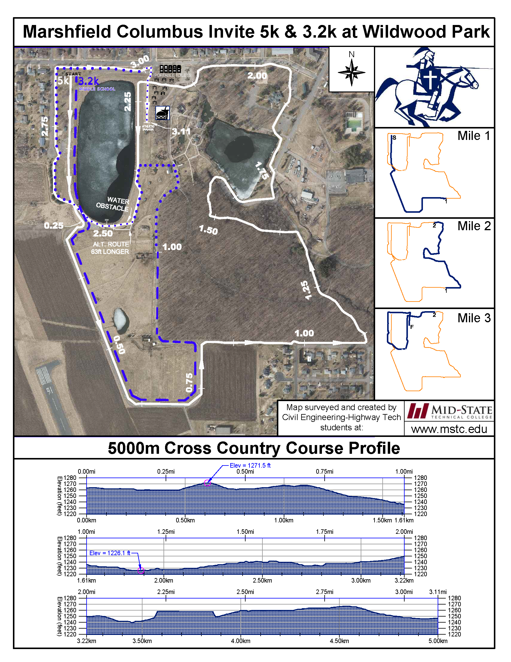 Marshfield Columbus Invitational cross country course map at Wildwood Park showing the high school 5K route, middle school route, start area, mile markers, team tent areas, portable toilets, and water obstacle.