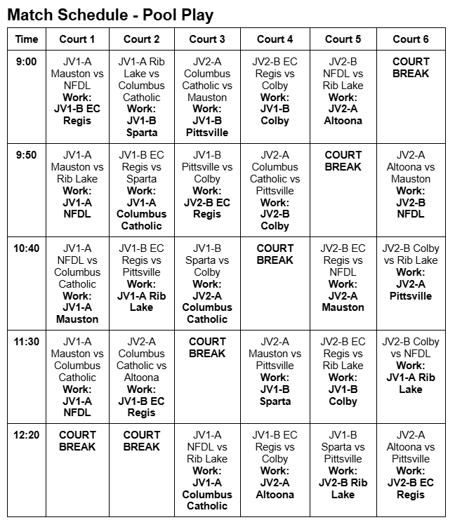 Pool play match schedule for Courts 1 through 6 from 9:00 a.m. through 12:20 p.m. The complete accessible schedule is provided above.