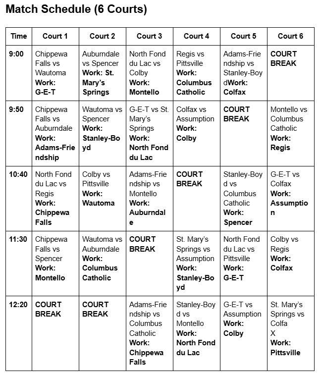 Match schedule for Courts 1 through 6 from 9:00 a.m. through 12:20 p.m. The complete accessible schedule is provided above.